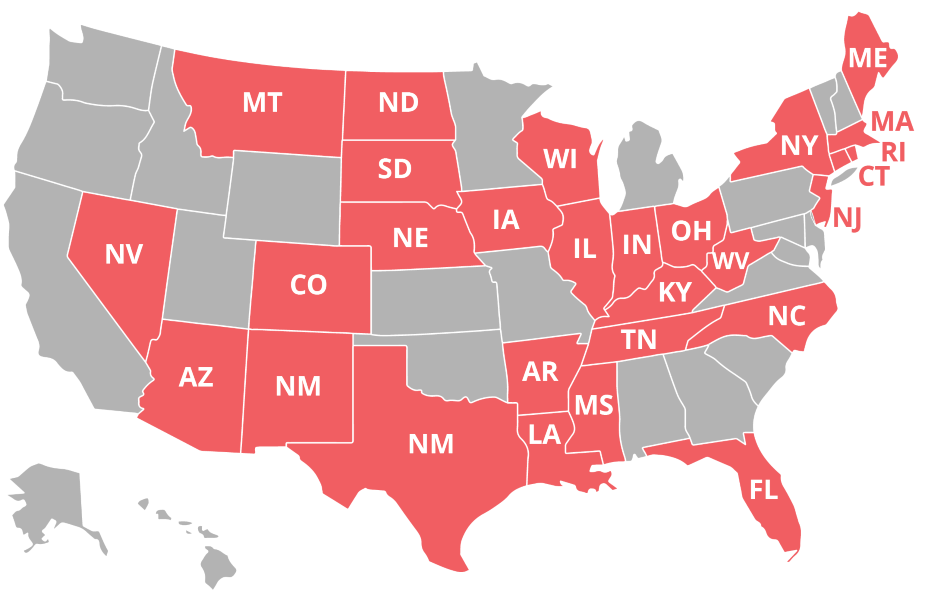 map of states that allow online classes: Arizona, Arkansas, Colorado, Connecticut, Florida, Illinois, Indiana, Iowa, Kentucky, Louisiana, Massachusetts, Maine, Mississippi, Montana, Nebraska, Nevada, New Jersey, New Mexico, New York, North Carolina, North Dakota, Ohio, Rhode Island, South Dakota, Tennessee, Texas, West Virginia, Wyoming,